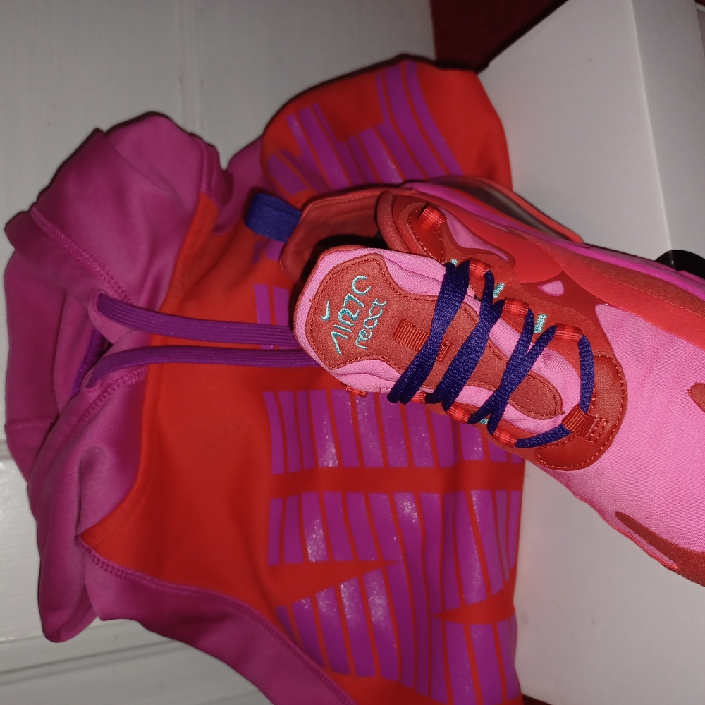 Nike React Pink and Red Sneakers with Blue Laces (Hoodie Sold Seperatly)